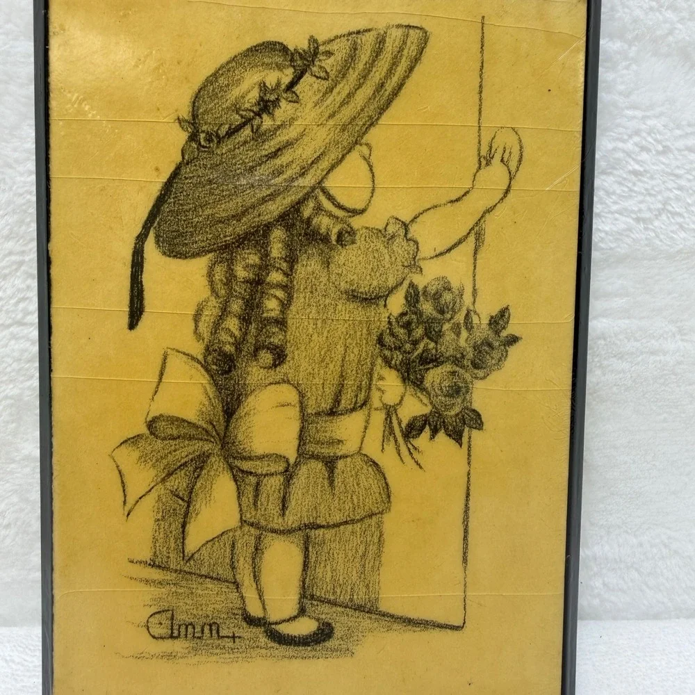 Vintage 1972 Ann Adams Wood Plaque Decoupage Girl in Sun‎ Hat Sketch Wall Art